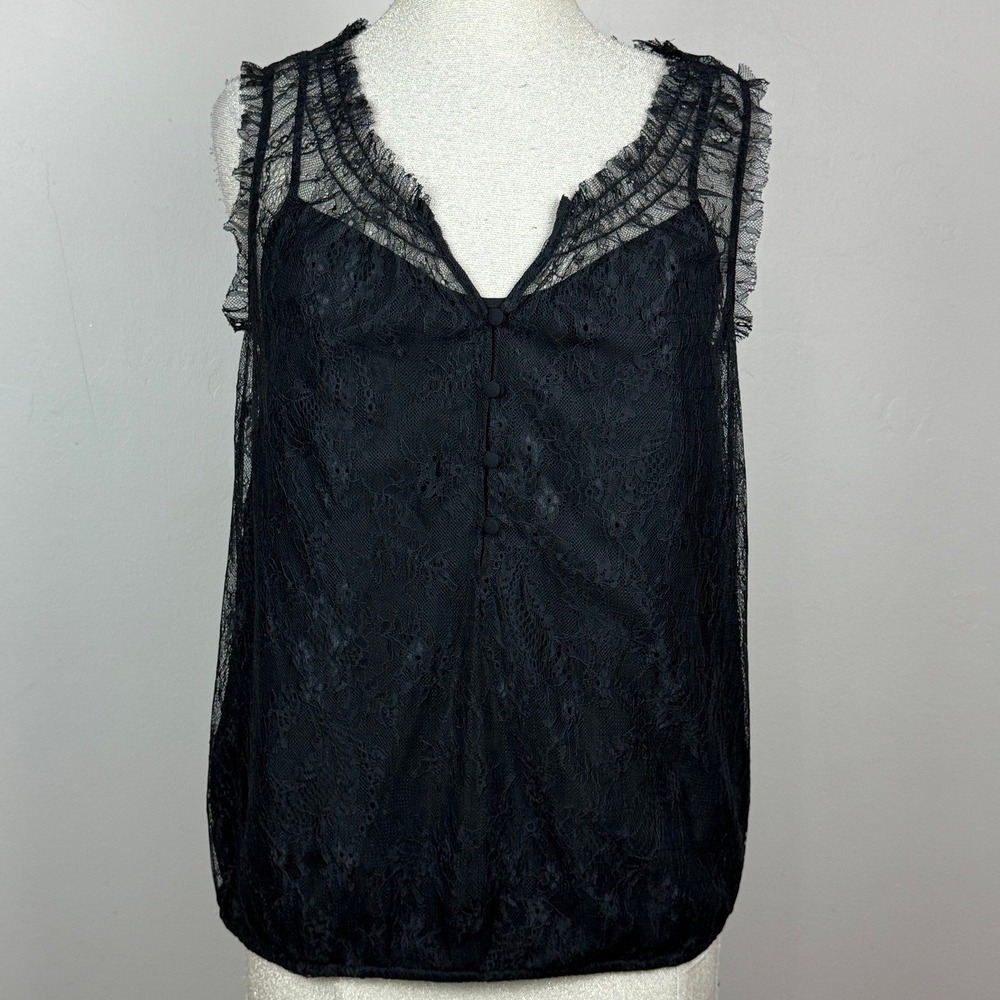 LOFT Lace Sleeveless Top Womens M Black V-Neck Eyelash Trim Floral